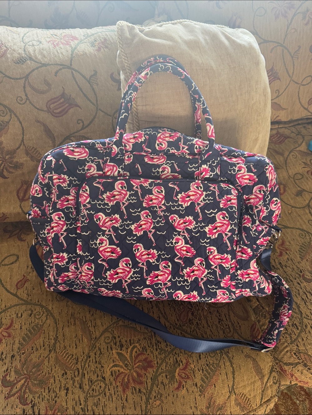 Navy Quilted Flamingo Laptop Tote - Pink Flamingo Pattern
